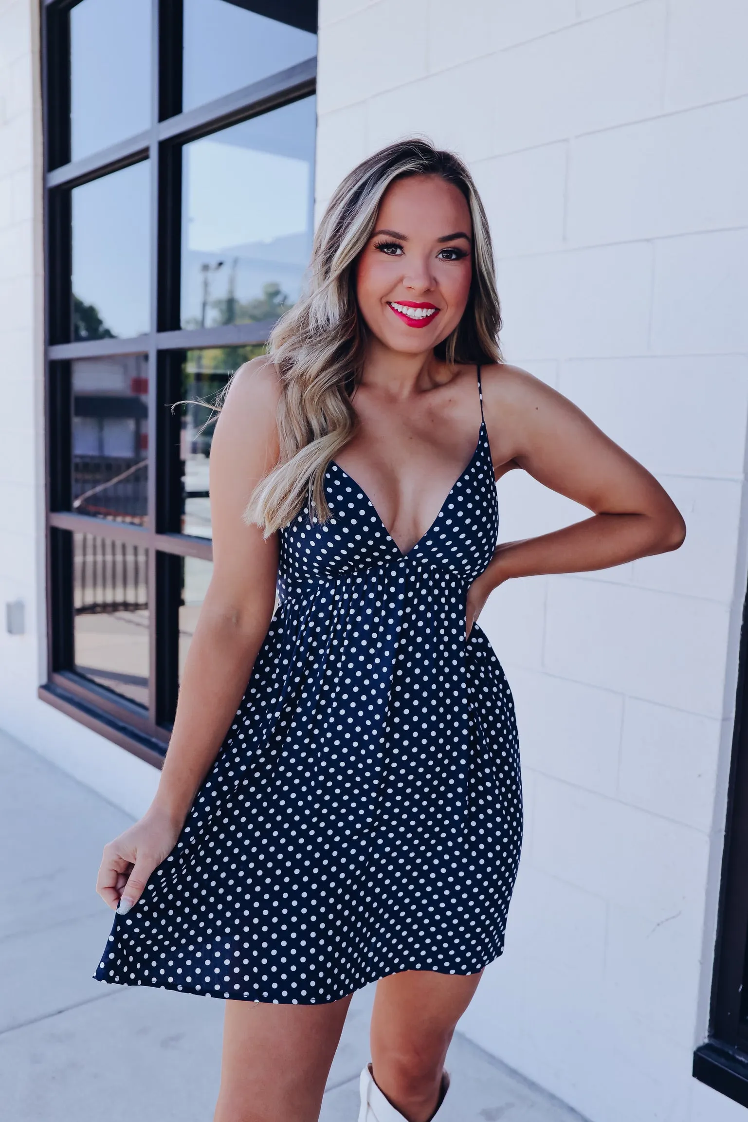 Hyland Polka Dot Mini Dress - Navy Blue