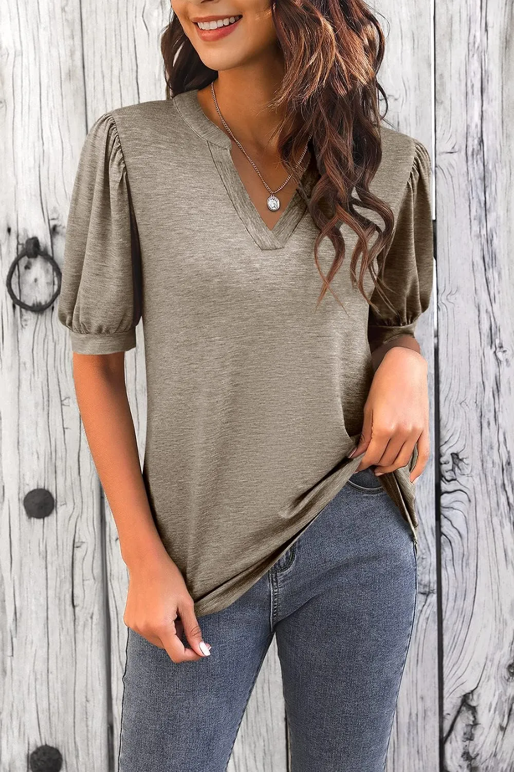 Imily Bela Womens V Neck T Shirts Casual Puff Sleeve Loose Dressy Blouses Summer Tops