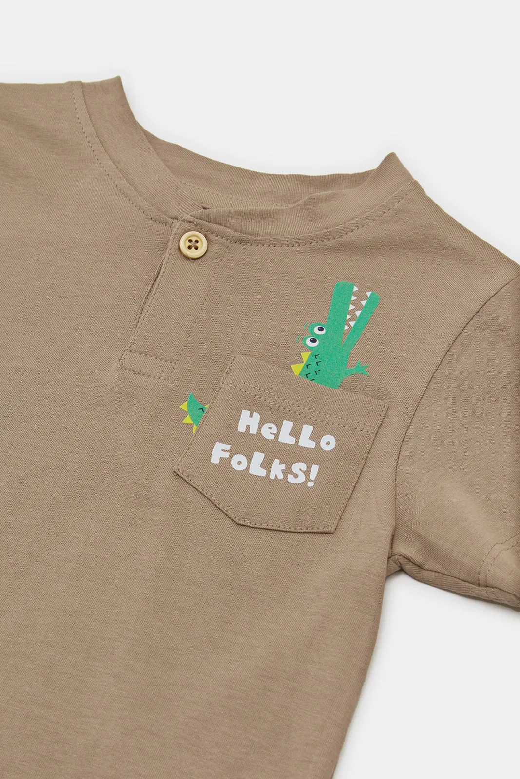 Infant Boys Brown Dino Print Henley T-Shirt