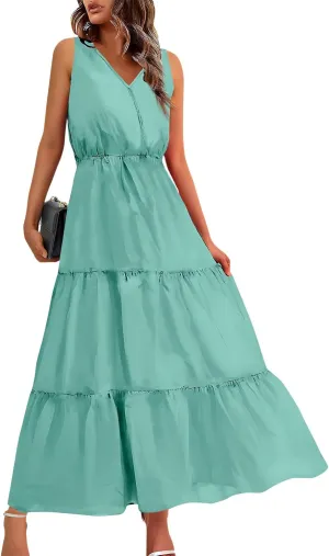 JJHAEVDY Womens Dresses V Neck High Waist Sundresses Floral Print Tiered Dresses Sleeveless Long Sundresses Summer Boho Dress