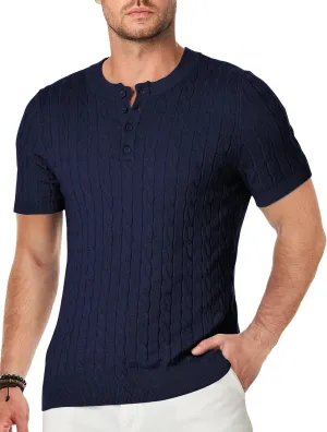 JMIERR Men's Knit Henley Shirts Casual Short Sleeve Button T-Shirt Cable Knitted Polo Shirts Golf Shirt