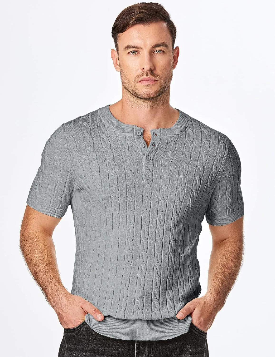 JMIERR Men's Knit Henley Shirts Casual Short Sleeve Button T-Shirt Cable Knitted Polo Shirts Golf Shirt