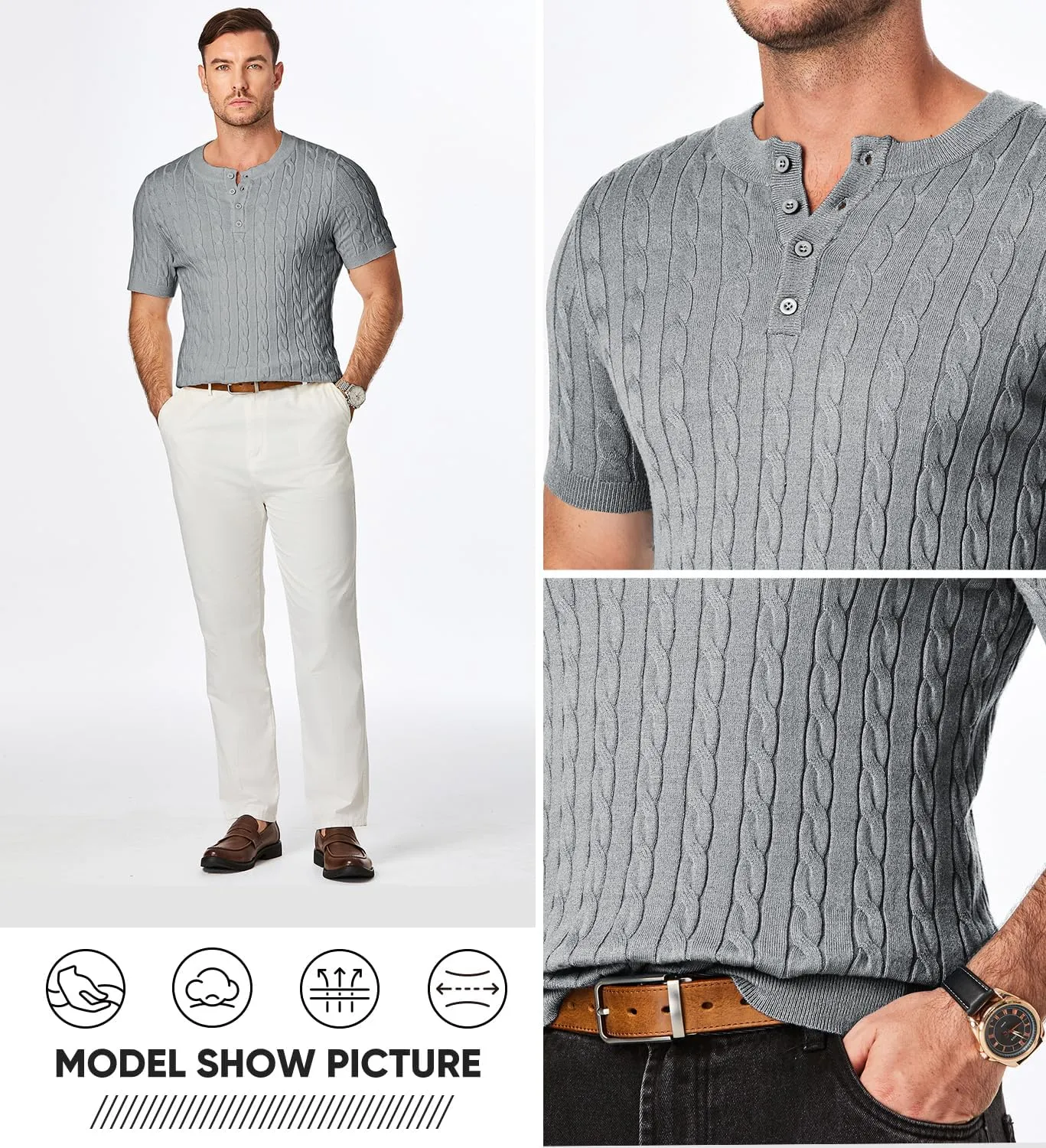 JMIERR Men's Knit Henley Shirts Casual Short Sleeve Button T-Shirt Cable Knitted Polo Shirts Golf Shirt