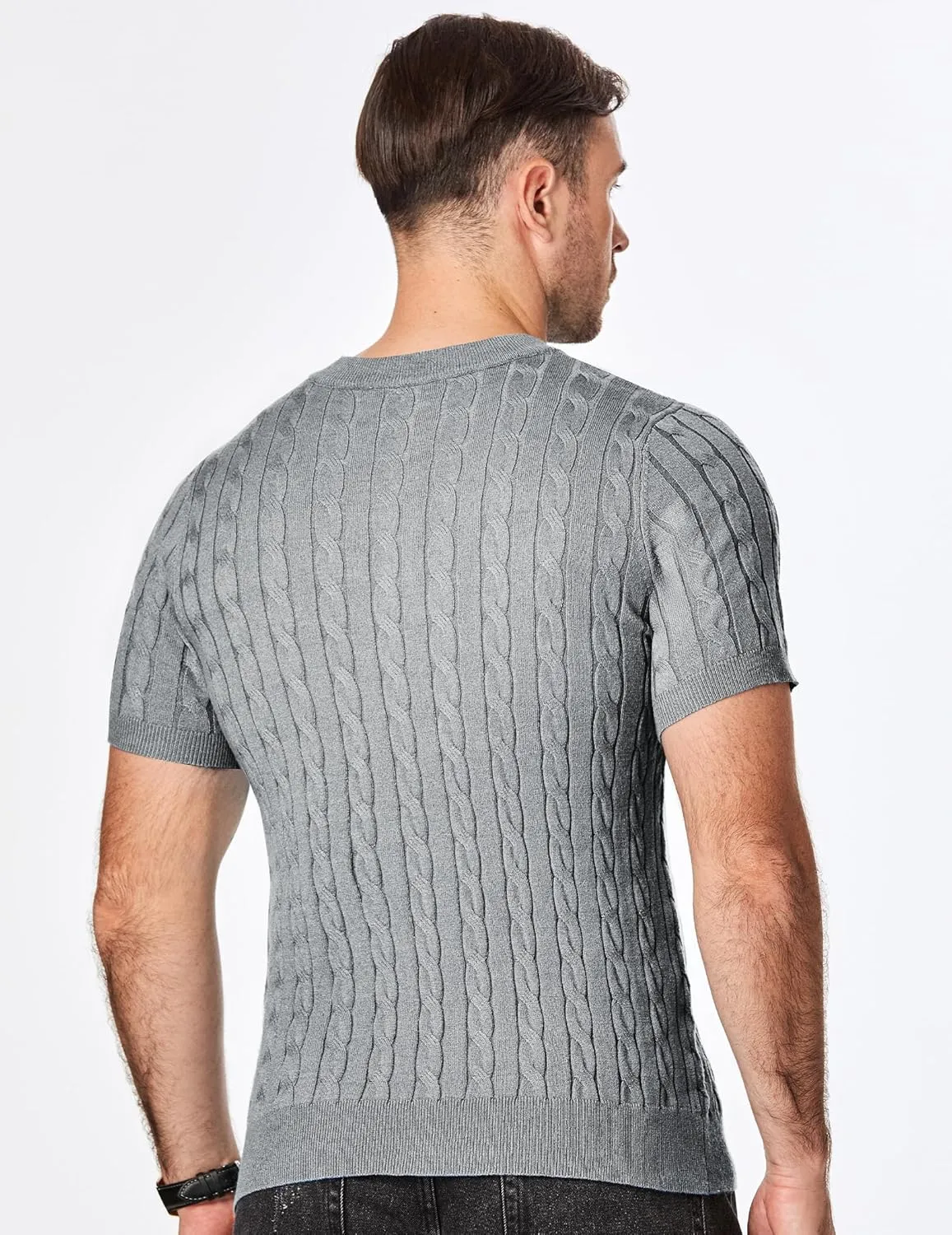 JMIERR Men's Knit Henley Shirts Casual Short Sleeve Button T-Shirt Cable Knitted Polo Shirts Golf Shirt