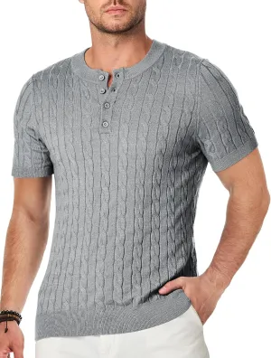 JMIERR Men's Knit Henley Shirts Casual Short Sleeve Button T-Shirt Cable Knitted Polo Shirts Golf Shirt