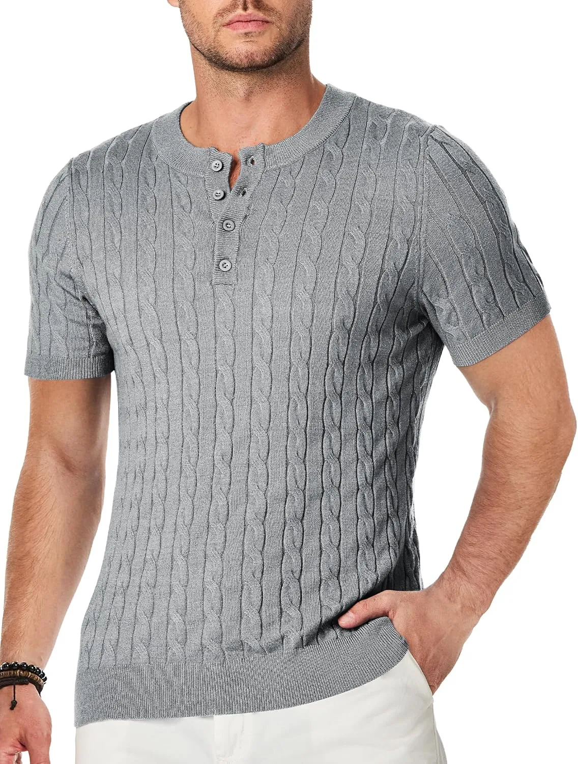 JMIERR Men's Knit Henley Shirts Casual Short Sleeve Button T-Shirt Cable Knitted Polo Shirts Golf Shirt