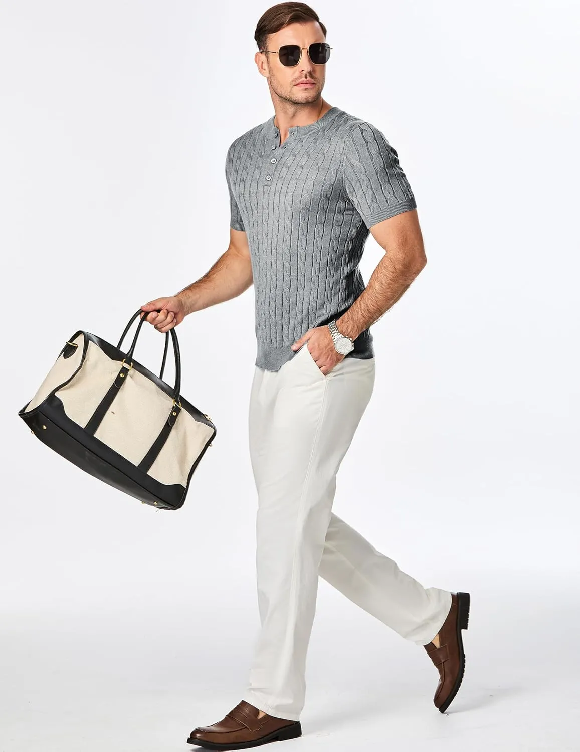JMIERR Men's Knit Henley Shirts Casual Short Sleeve Button T-Shirt Cable Knitted Polo Shirts Golf Shirt