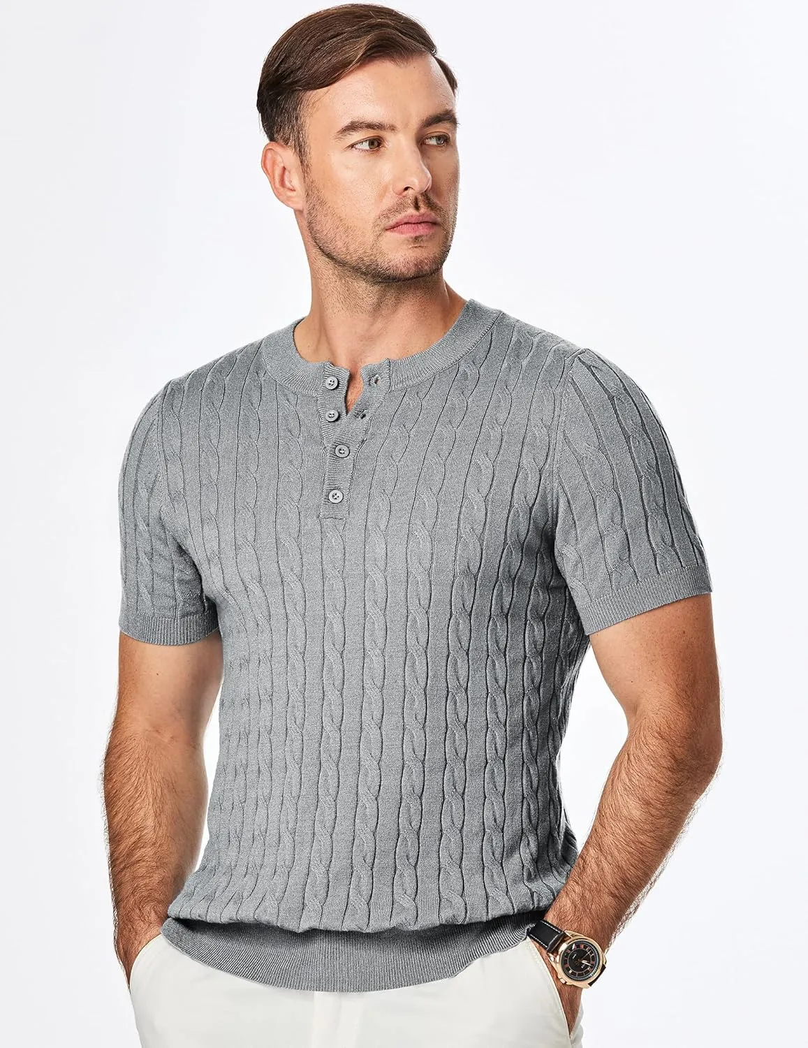 JMIERR Men's Knit Henley Shirts Casual Short Sleeve Button T-Shirt Cable Knitted Polo Shirts Golf Shirt