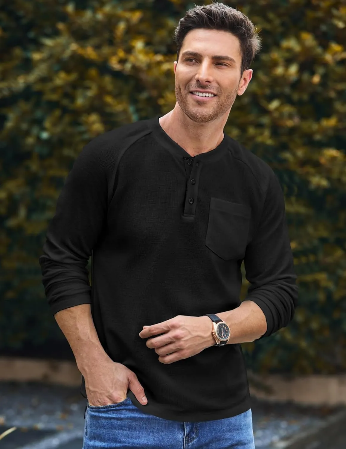 JMIERR Men's Waffle Henley Shirts Crewneck Long Sleeve Button Casual T-Shirt with Pocket