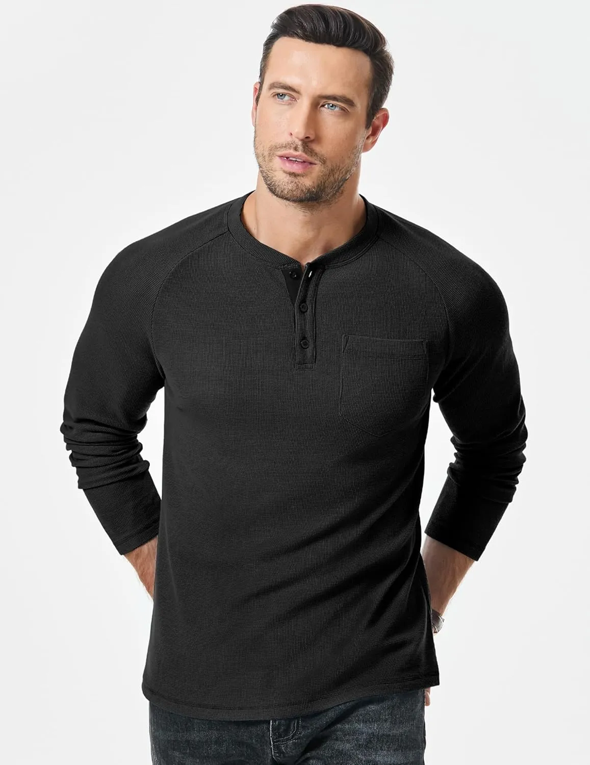 JMIERR Men's Waffle Henley Shirts Crewneck Long Sleeve Button Casual T-Shirt with Pocket