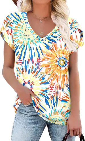 KUOTAI Womens Tops Summer Casual T Shirts V Neck Petal Sleeve Blouses Shirts
