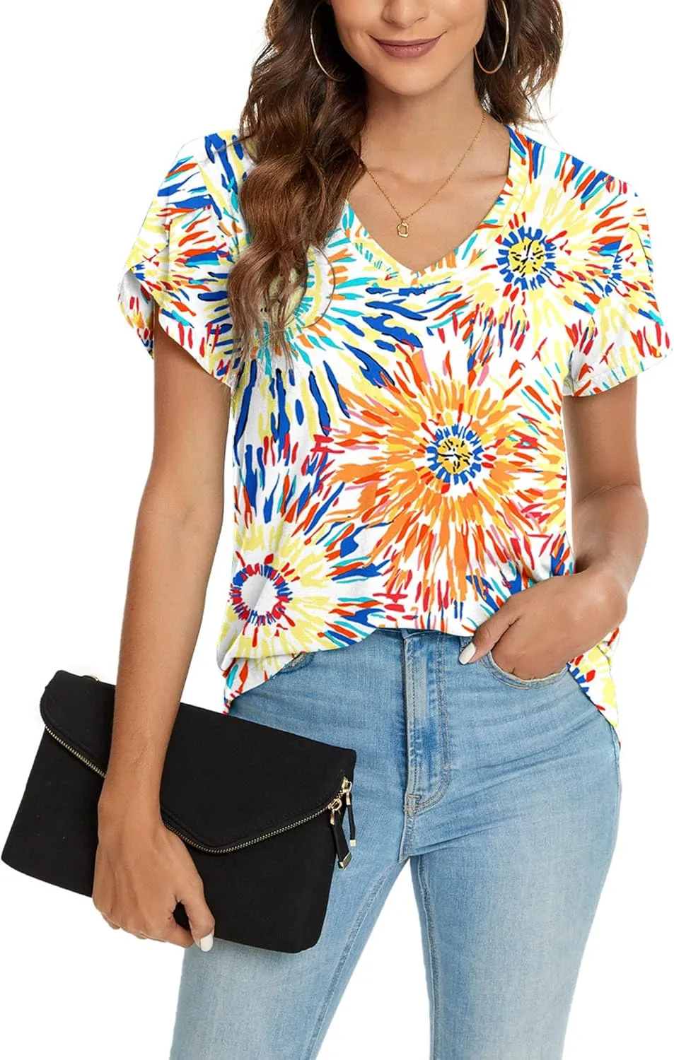 KUOTAI Womens Tops Summer Casual T Shirts V Neck Petal Sleeve Blouses Shirts