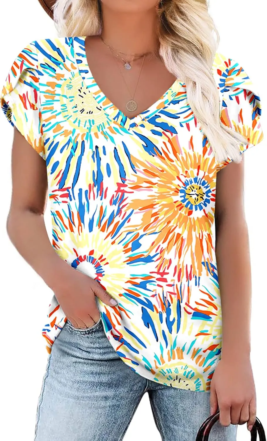 KUOTAI Womens Tops Summer Casual T Shirts V Neck Petal Sleeve Blouses Shirts