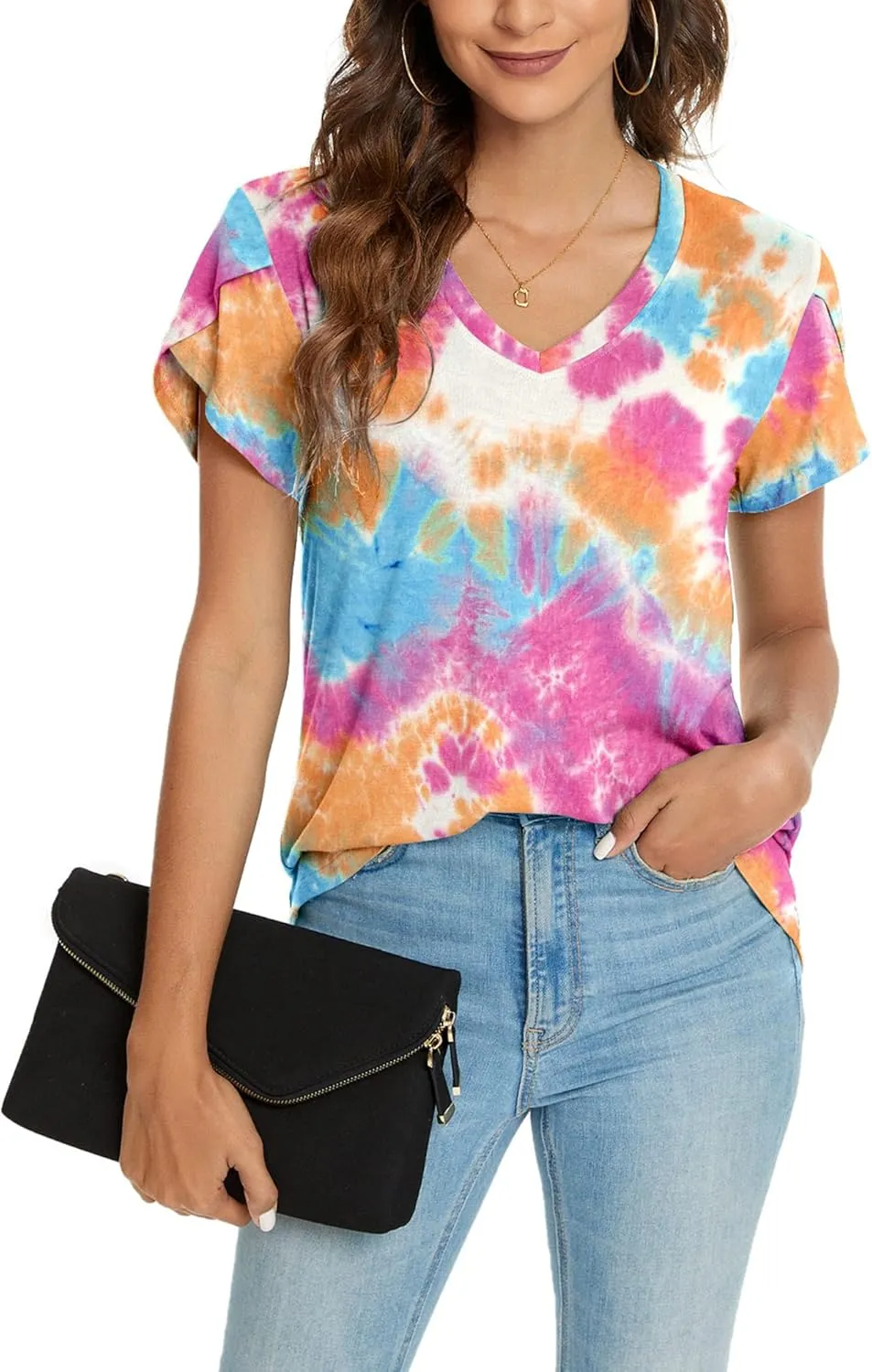 KUOTAI Womens Tops Summer Casual T Shirts V Neck Petal Sleeve Blouses Shirts
