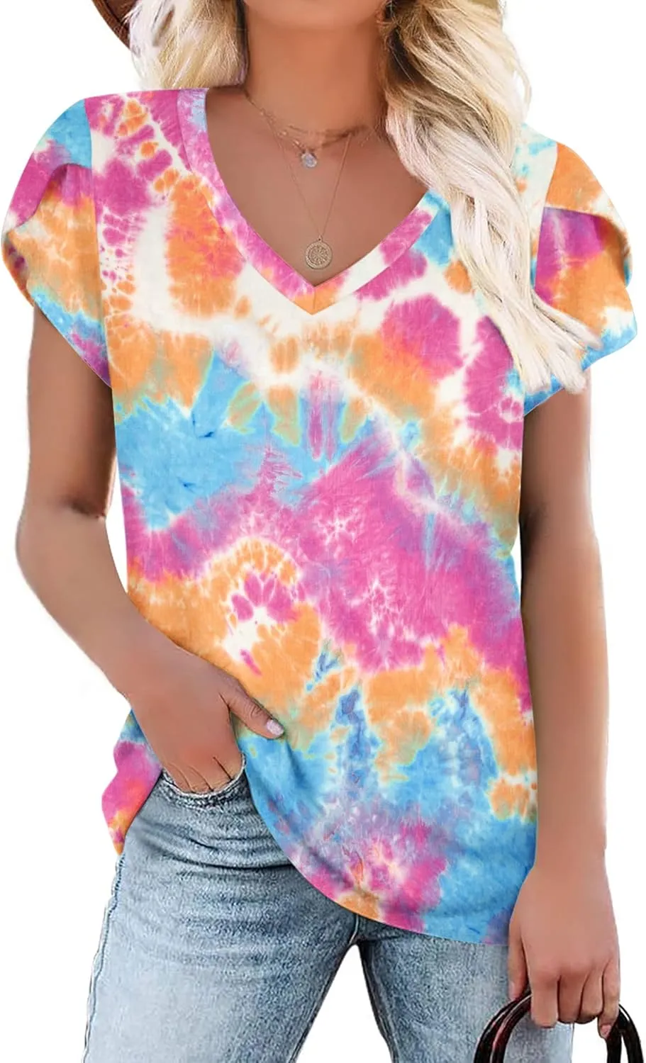 KUOTAI Womens Tops Summer Casual T Shirts V Neck Petal Sleeve Blouses Shirts