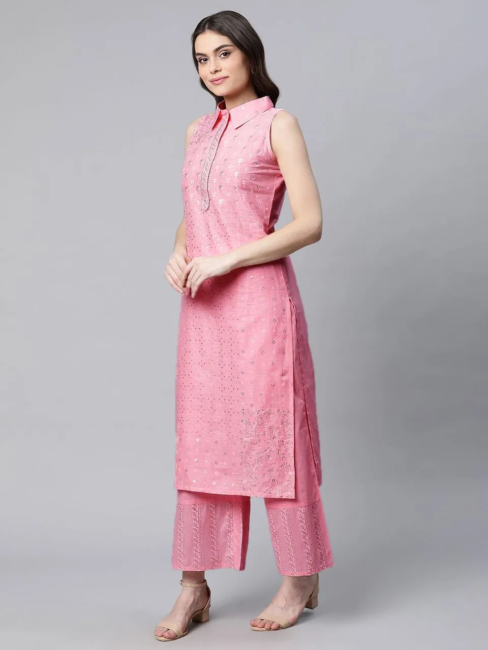 Light Pink Pure Cotton Printed Kurta Palazzo Set