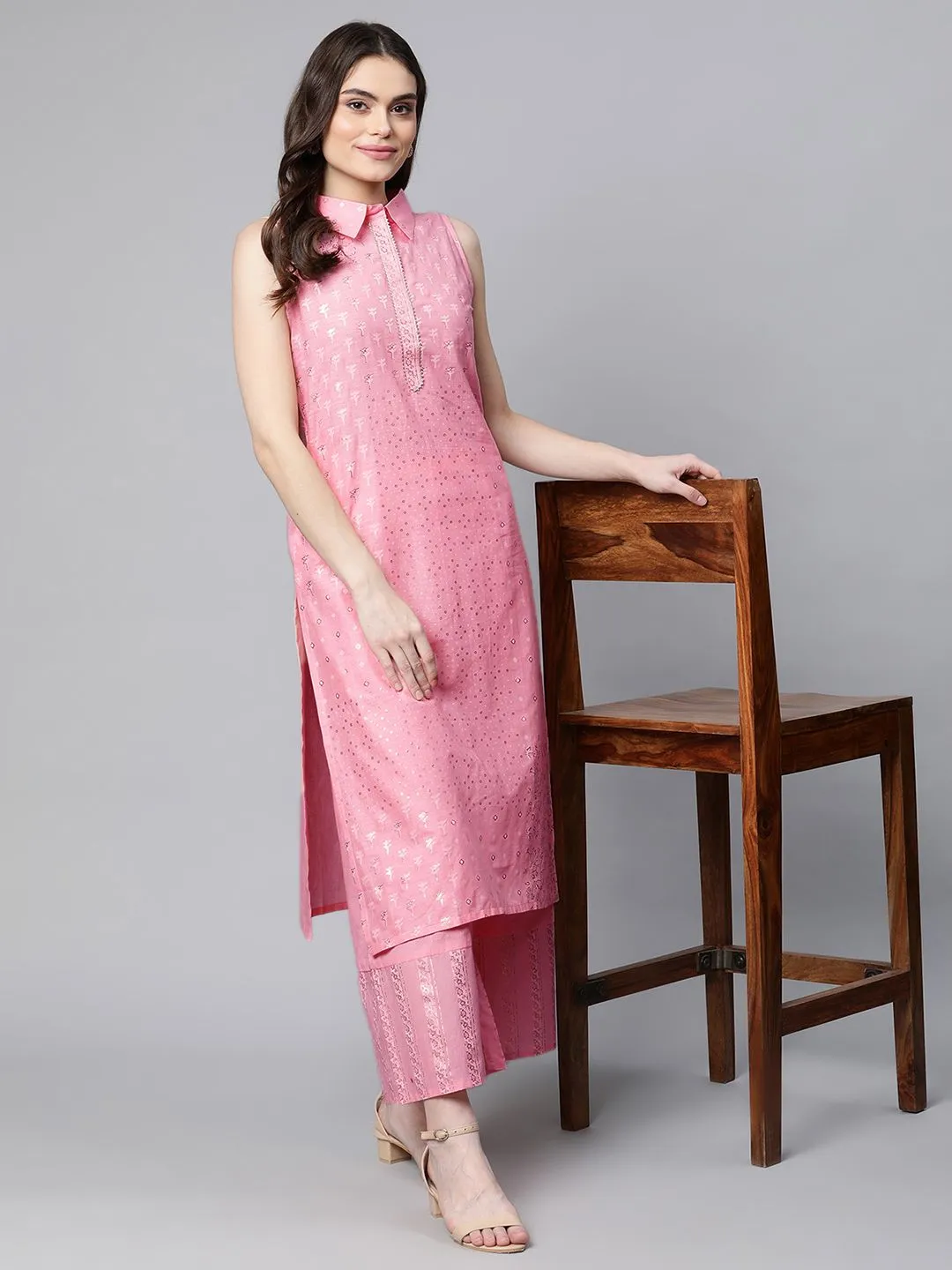 Light Pink Pure Cotton Printed Kurta Palazzo Set