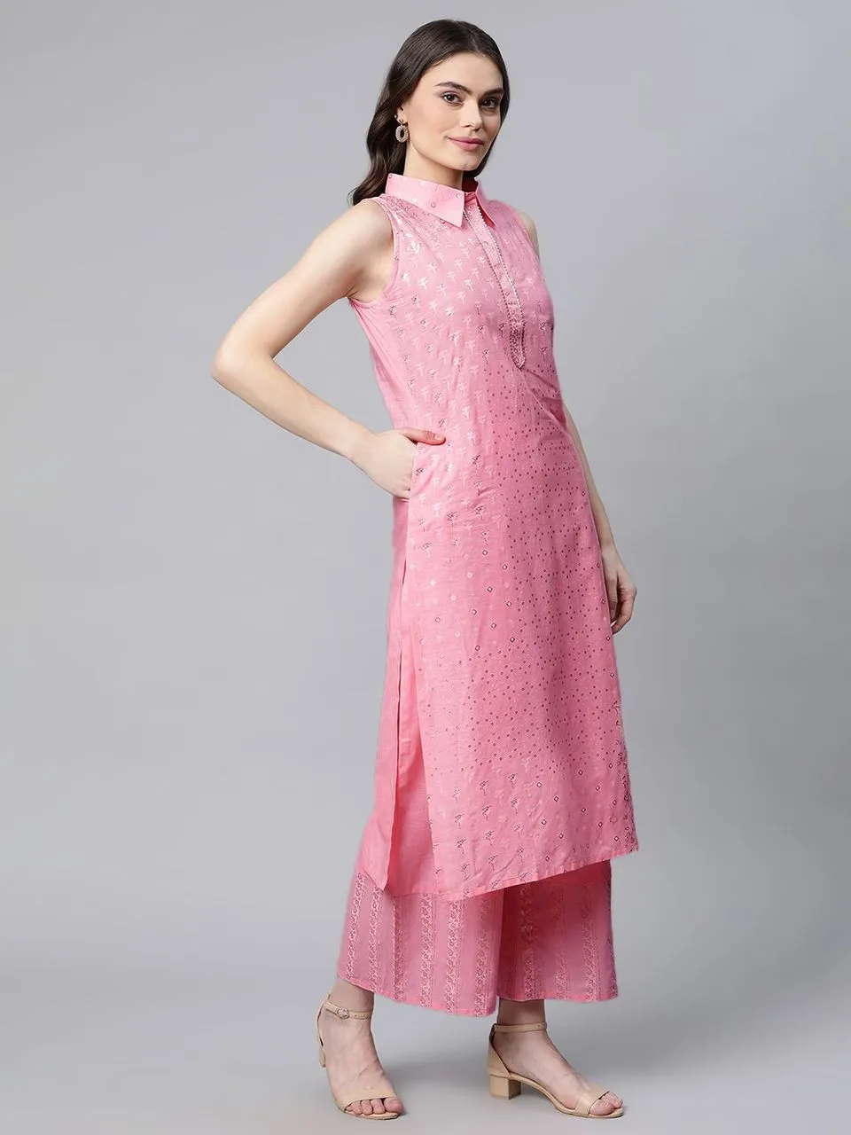 Light Pink Pure Cotton Printed Kurta Palazzo Set