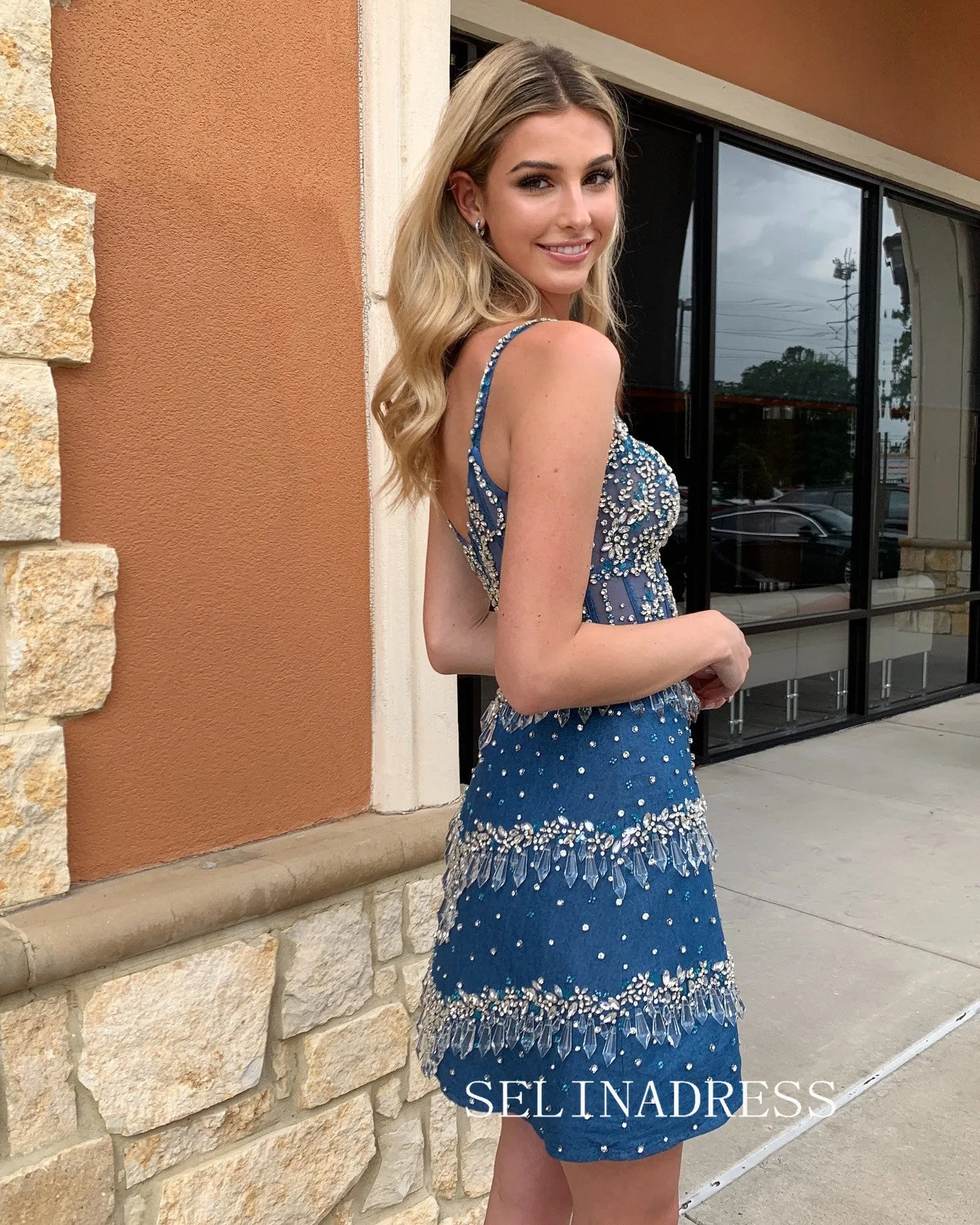 Lovely Blue Beaded Homecoming Dresses Sheath/Column Hoco Dress Cocktail Dress #TKL2006