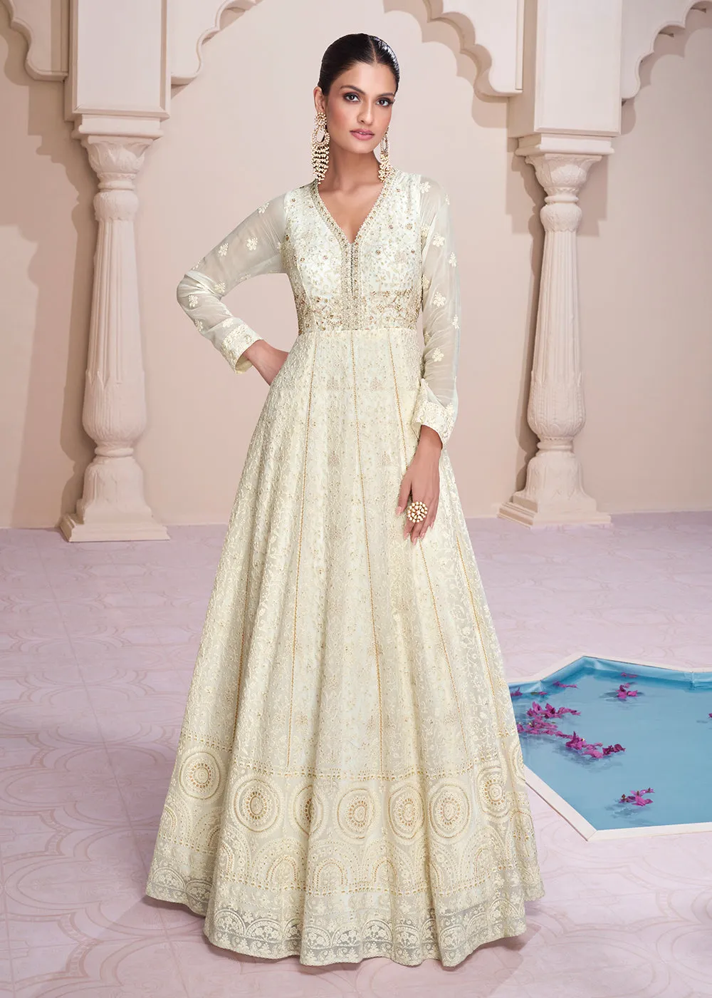 Lucknowi Style Embroidered Off White Georgette Wedding Anarkali Gown