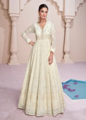 Lucknowi Style Embroidered Off White Georgette Wedding Anarkali Gown