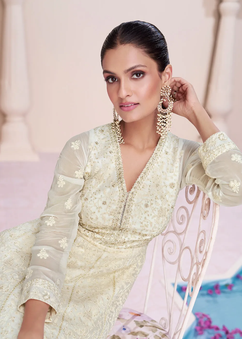 Lucknowi Style Embroidered Off White Georgette Wedding Anarkali Gown