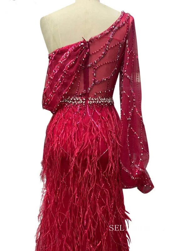 luxury Mermaid Dubai Burgundy Prom Dress Beaded Long Evening Formal Gowns hlkS003