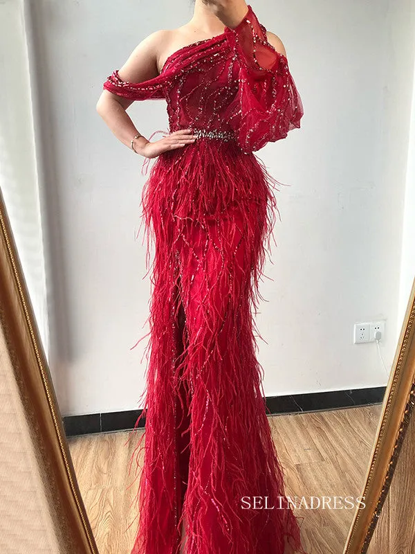 luxury Mermaid Dubai Burgundy Prom Dress Beaded Long Evening Formal Gowns hlkS003