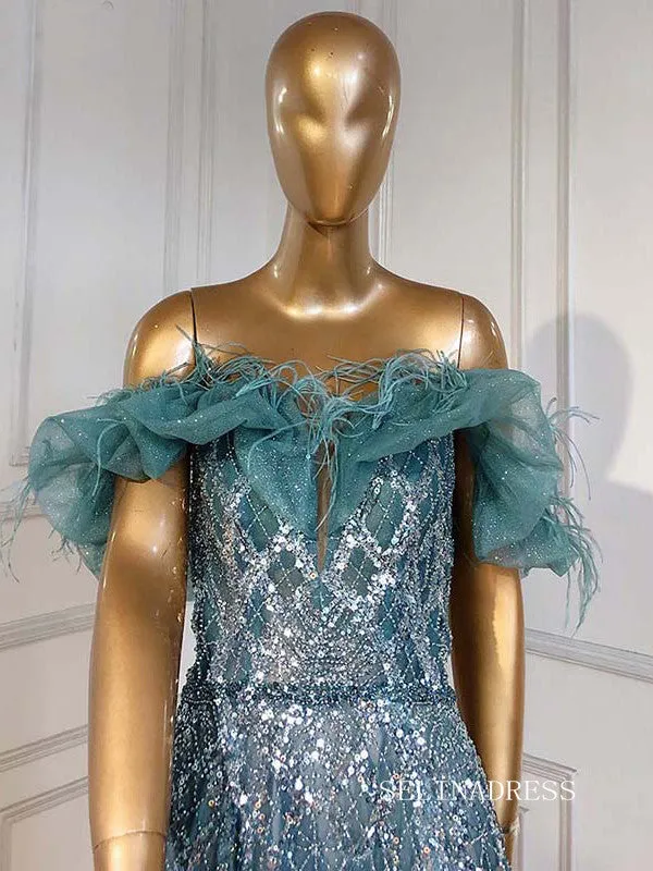 luxury Off-the-shoulder Fantasy Feather Long Prom Dress Dubai Evening Formal Gowns hlkS005