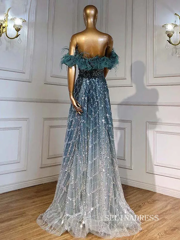 luxury Off-the-shoulder Fantasy Feather Long Prom Dress Dubai Evening Formal Gowns hlkS005