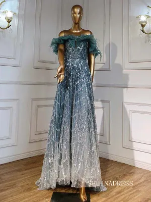 luxury Off-the-shoulder Fantasy Feather Long Prom Dress Dubai Evening Formal Gowns hlkS005