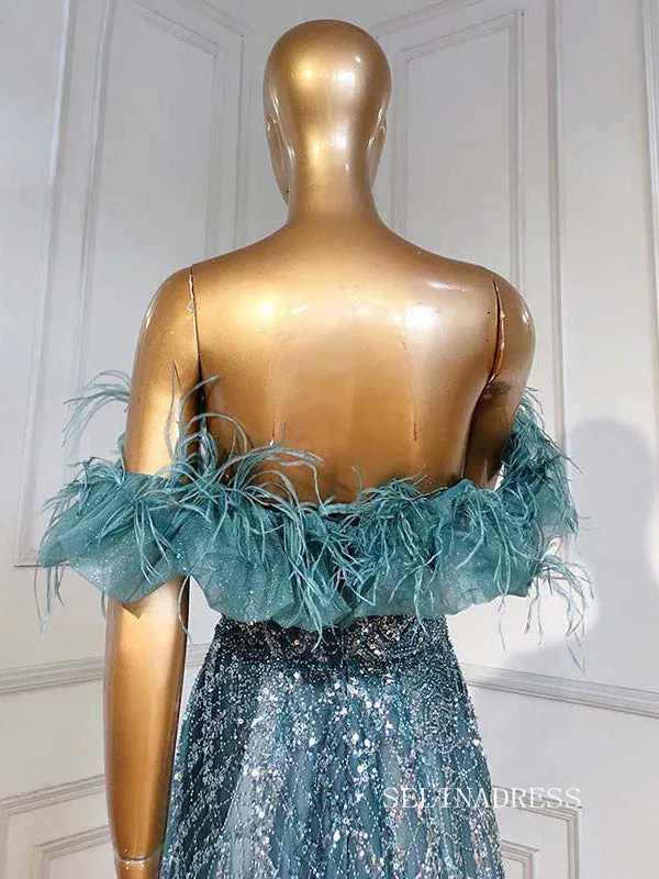 luxury Off-the-shoulder Fantasy Feather Long Prom Dress Dubai Evening Formal Gowns hlkS005