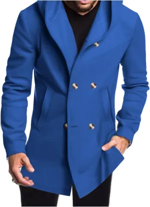Mens Mid Long Trench Coat with Hood Winter Double Breasted Pea Coat Warm Lapel Work Business Jacket Windproof Overcoat