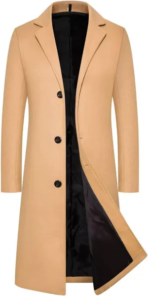 Mens Trench Coat Notched Lapel Pea Coat Winter Slim Fit Single Peacoat Wool Blend Elegant Long Jackets