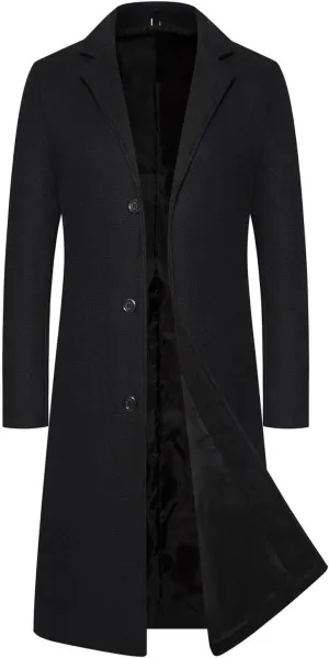 Mens Trench Coat Notched Lapel Pea Coat Winter Slim Fit Single Peacoat Wool Blend Elegant Long Jackets