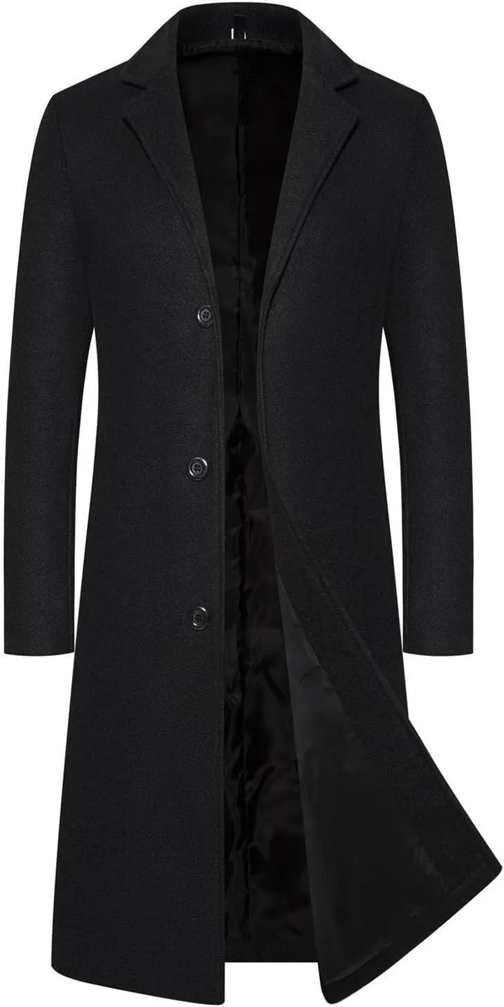 Mens Trench Coat Notched Lapel Pea Coat Winter Slim Fit Single Peacoat Wool Blend Elegant Long Jackets