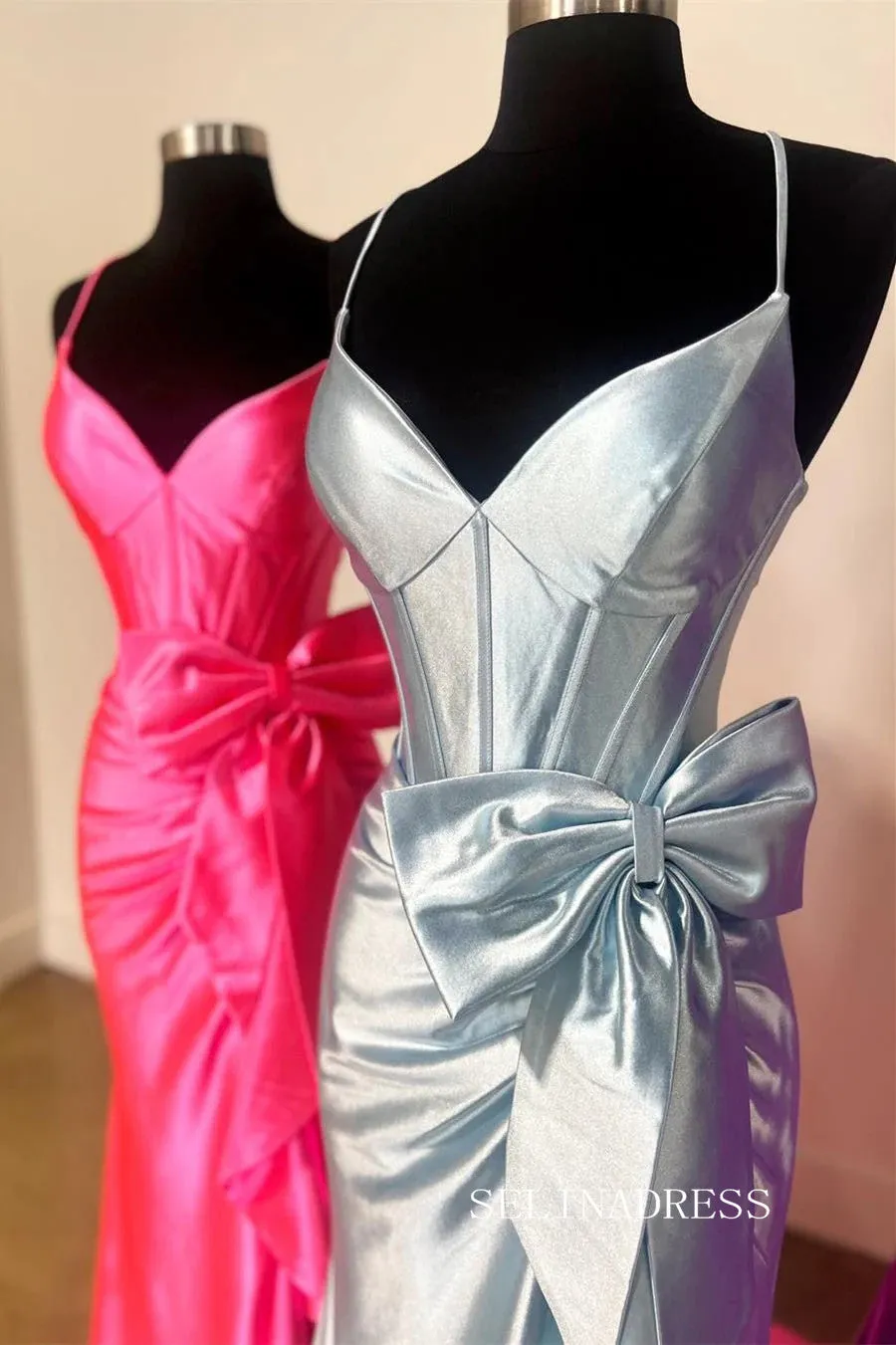 Mermaid Spaghetti Straps Satin Prom Dress With Bow lpk591
