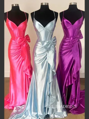 Mermaid Spaghetti Straps Satin Prom Dress With Bow lpk591