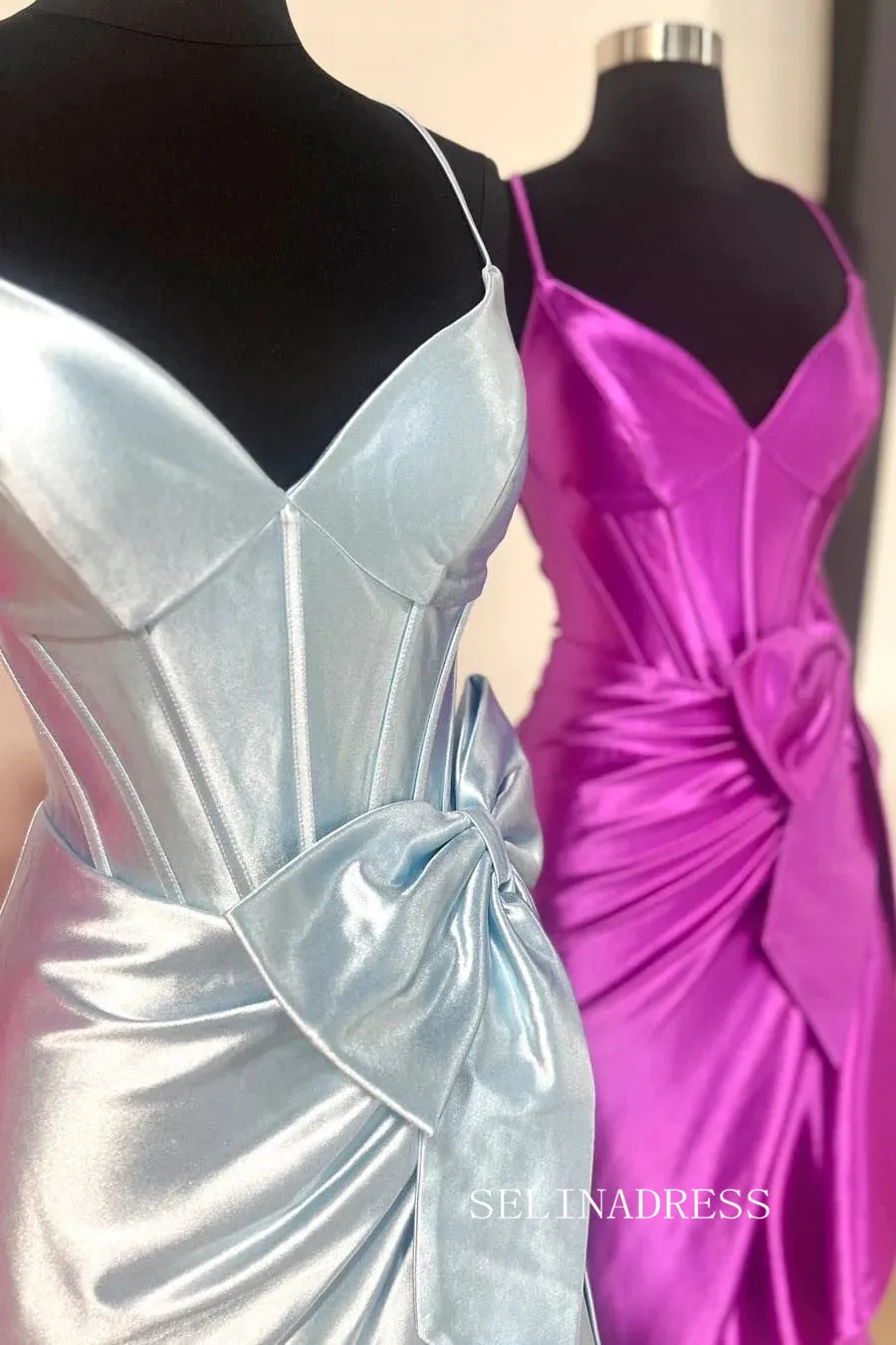 Mermaid Spaghetti Straps Satin Prom Dress With Bow lpk591