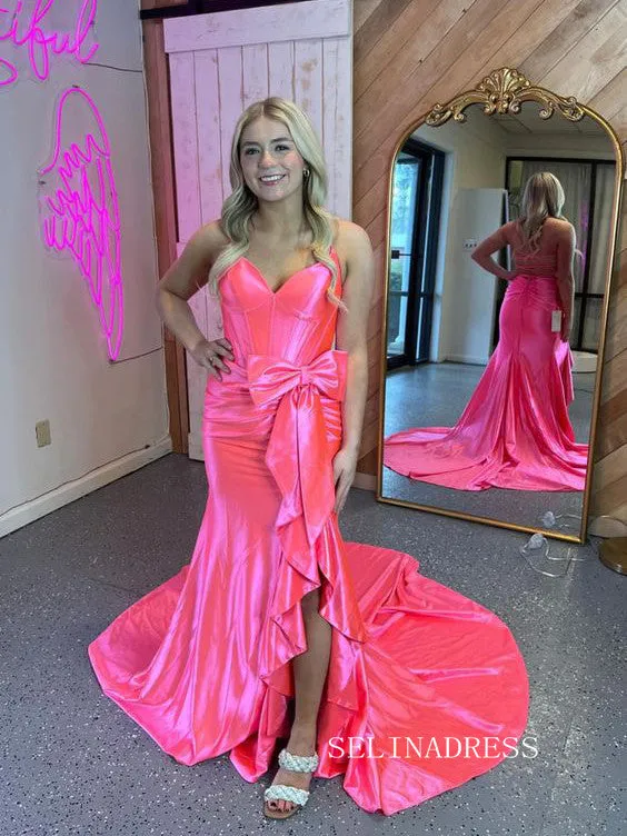 Mermaid Spaghetti Straps Satin Prom Dress With Bow lpk591