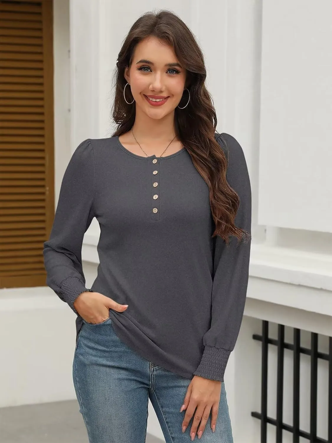 Minetom Women's Long Sleeve Henley Tops Smocked Puff Sleeve Tops Casual Shirts Blouses