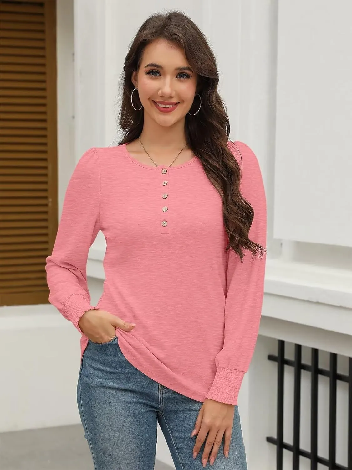 Minetom Women's Long Sleeve Henley Tops Smocked Puff Sleeve Tops Casual Shirts Blouses