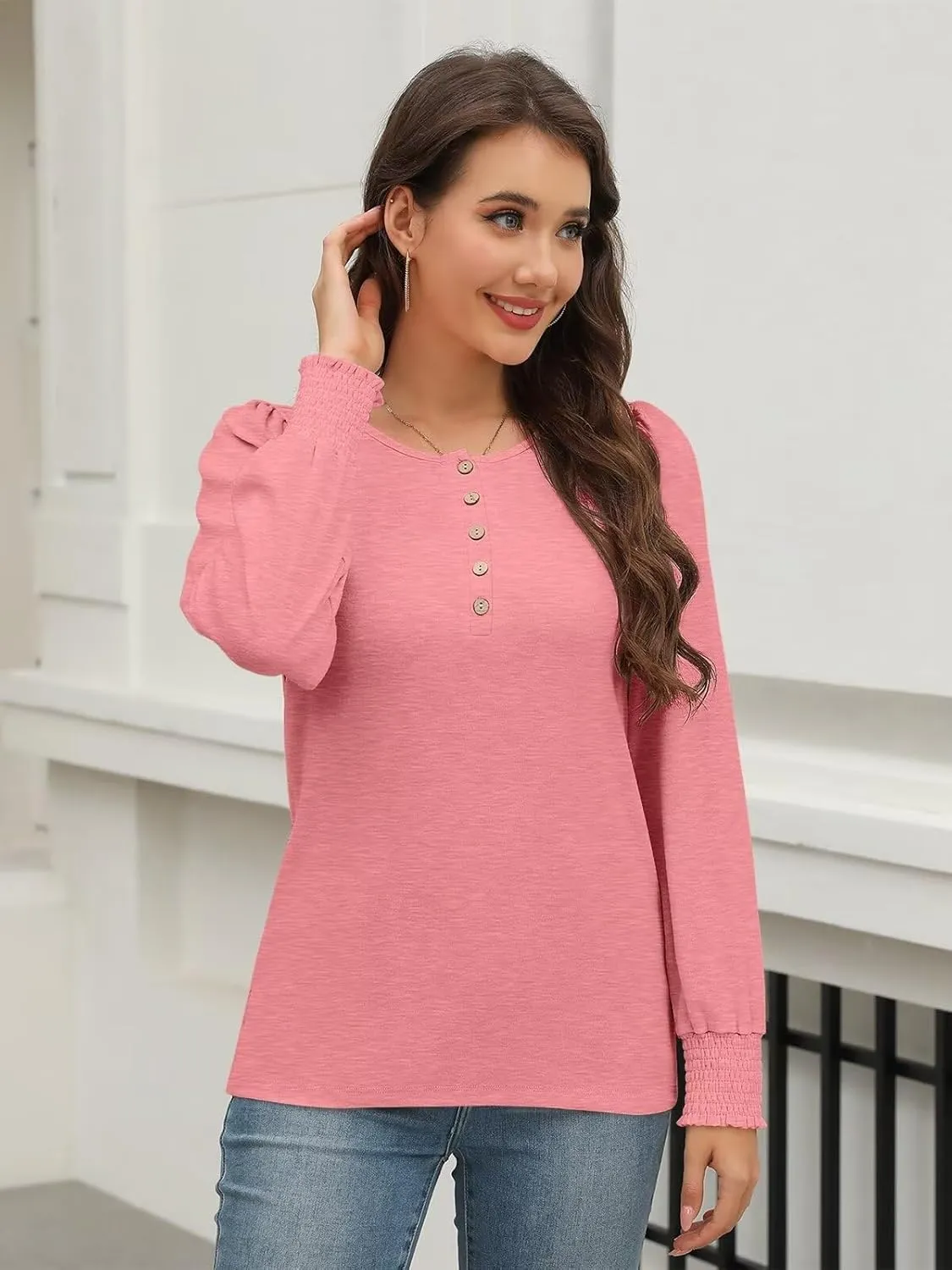 Minetom Women's Long Sleeve Henley Tops Smocked Puff Sleeve Tops Casual Shirts Blouses