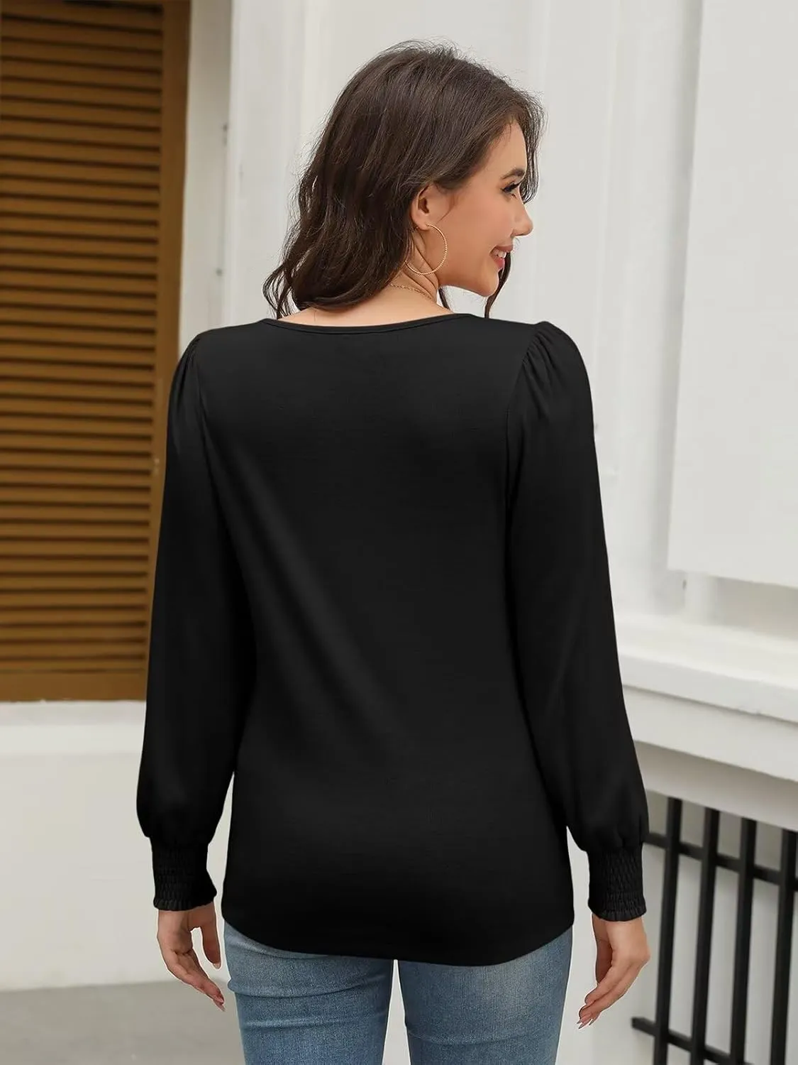 Minetom Women's Long Sleeve Henley Tops Smocked Puff Sleeve Tops Casual Shirts Blouses