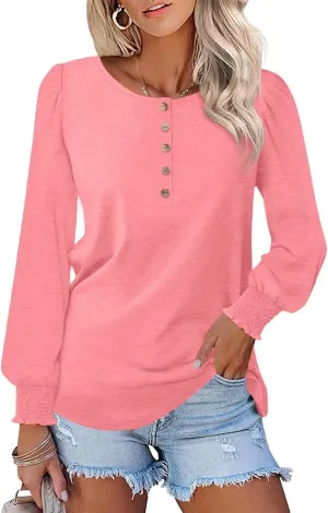Minetom Women's Long Sleeve Henley Tops Smocked Puff Sleeve Tops Casual Shirts Blouses