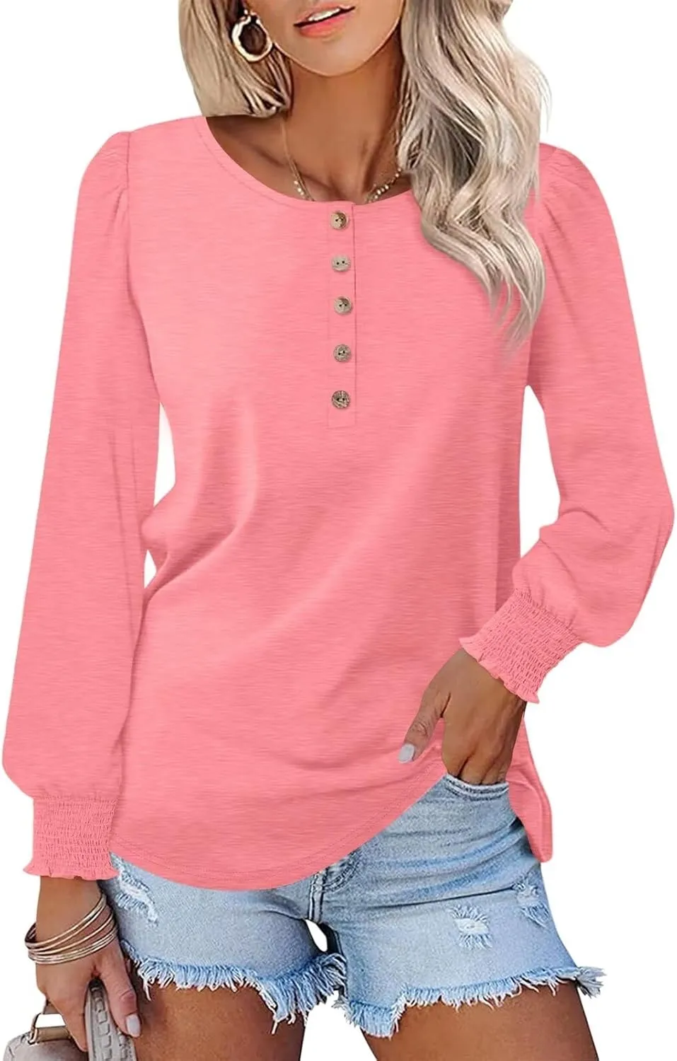Minetom Women's Long Sleeve Henley Tops Smocked Puff Sleeve Tops Casual Shirts Blouses