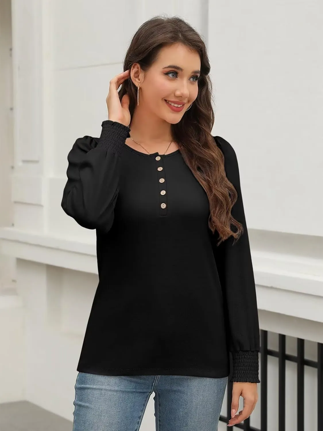 Minetom Women's Long Sleeve Henley Tops Smocked Puff Sleeve Tops Casual Shirts Blouses