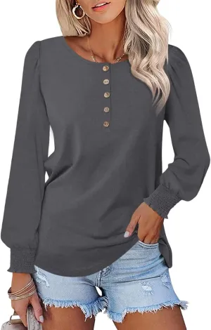 Minetom Women's Long Sleeve Henley Tops Smocked Puff Sleeve Tops Casual Shirts Blouses