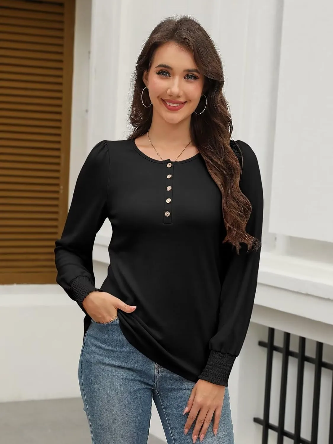 Minetom Women's Long Sleeve Henley Tops Smocked Puff Sleeve Tops Casual Shirts Blouses