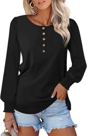Minetom Women's Long Sleeve Henley Tops Smocked Puff Sleeve Tops Casual Shirts Blouses
